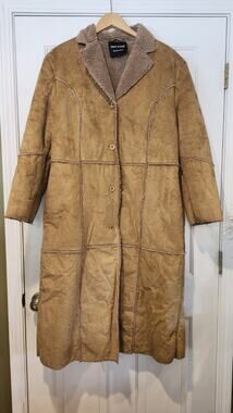 Handcrafted Long Tan Faux Suede Coat XL Sherpa Fur Lined J37